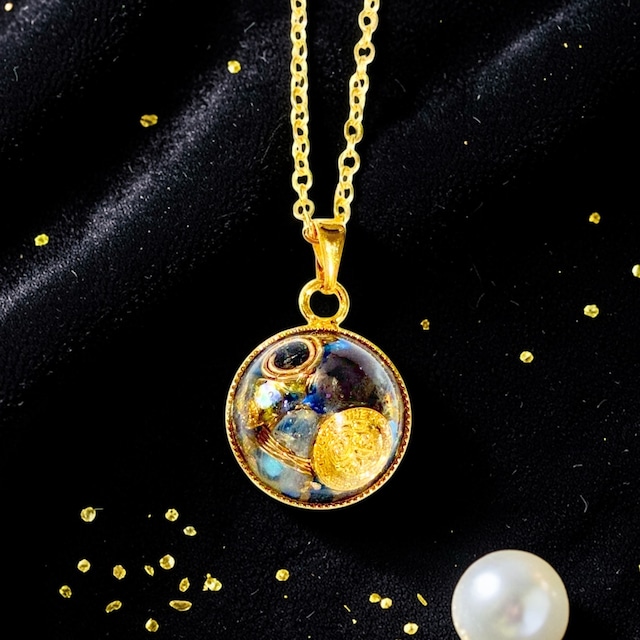 【宇宙銀行】【3月誕生石】超隕石入りオルゴナイトネックレス〜アイオライト、アクアマリン、シトリン、超隕石〜(3453)