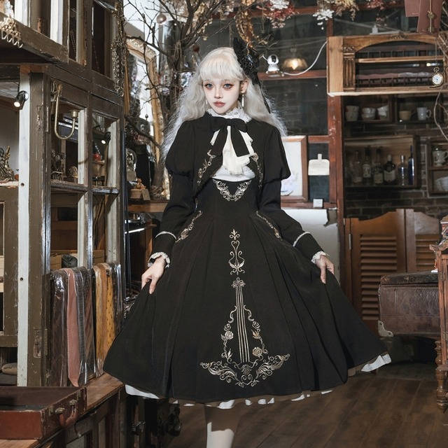 楽器モチーフ刺繍 クラシカルゴシックロリィタ セットアップ｜ブラウス・ジャンパースカート・ボレロ 3点セット