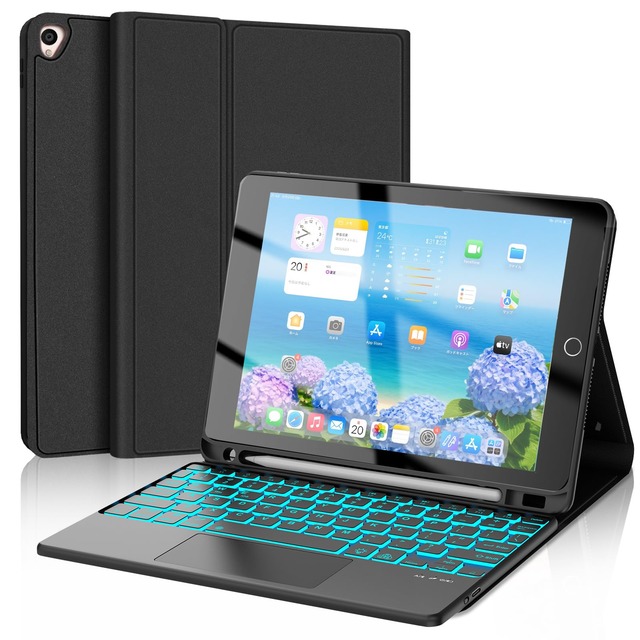 SENGBIRCH iPad キーボード付きケース 9.7インチ タッチパッド付き iPad 6世代 5世代 キーボード ケース 軽量 着脱式 ipadair2/pro 9.7対応 ペン収納 7色バックライト スタンド機能 多角度調整 オートスリープ 耐衝撃 防汚素材 全面保護 USB-C充電 日本語説明書付き ブラック