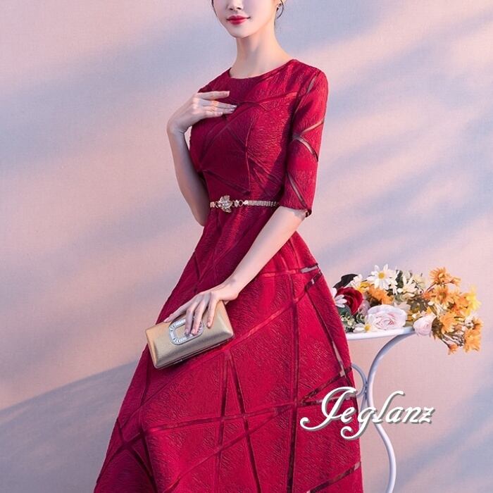 6色 パーティ セミロング丈 ワンピース ドレス Aライン 7分袖 ♪(M9090)ζ