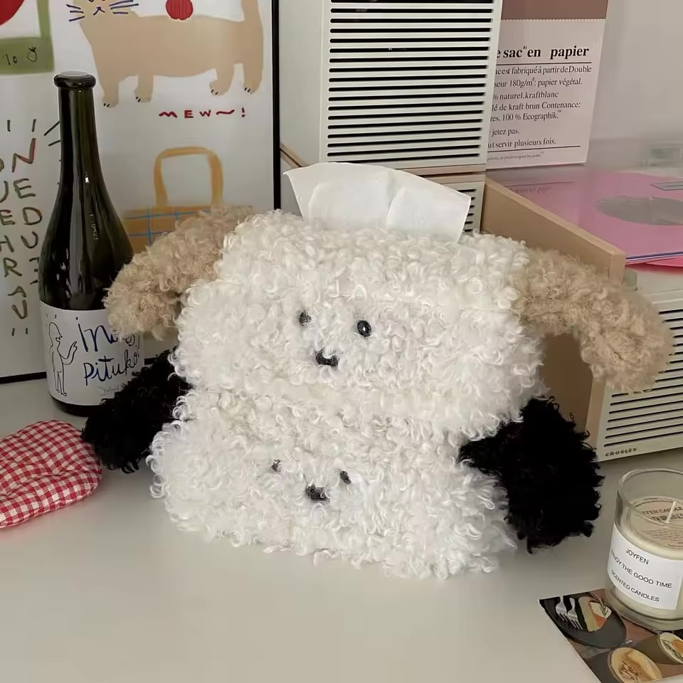 ぬいぐるみ犬ティッシュボックス｜白×茶 | moncoffret