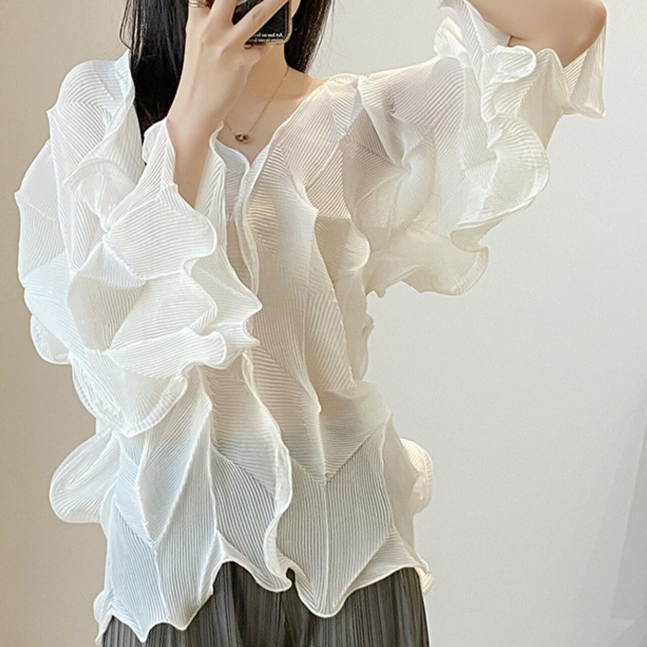 3D プリーツ シースルー フリルシャツ-ホワイト