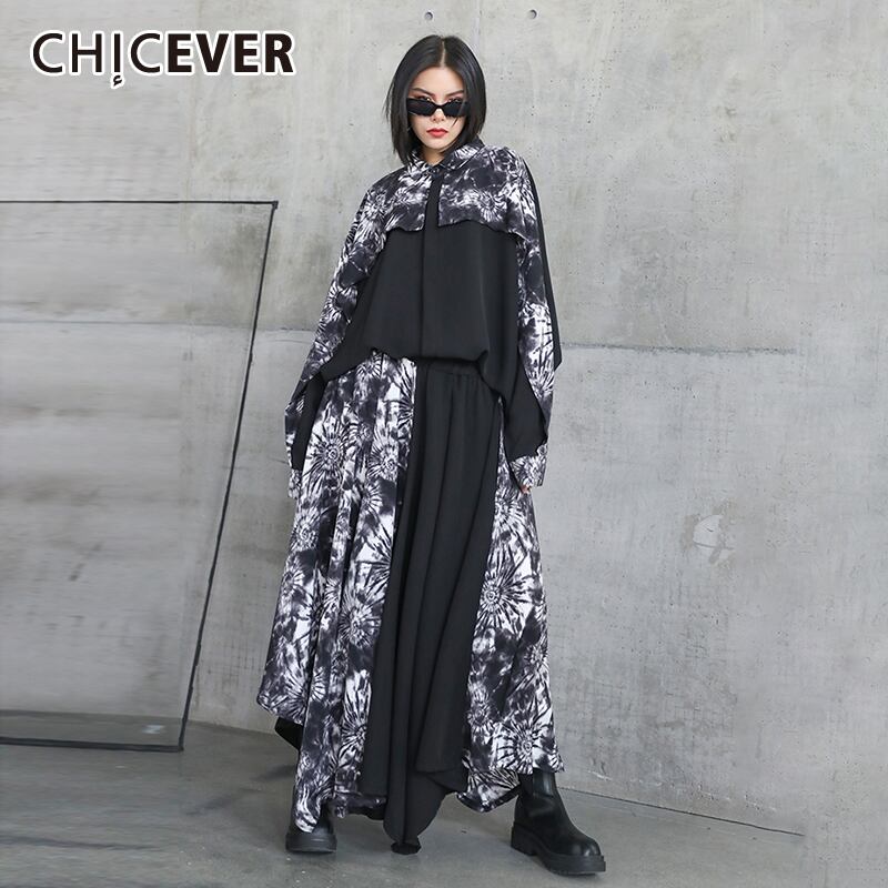 CHICEVERプリントツーピースセットレディースラペルカラー長袖シャツウエストヒットカラーワイドレッグパンツヴィンテージセット2020 ロング ワイドパンツ ビンテージ 6base587766013262