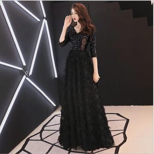 ★送料無料★9号(M)★ビジュ－とフェザー仕様ロングドレス(OPN2585)