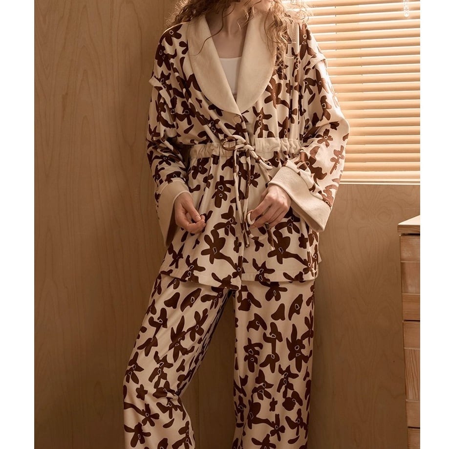 【2COLOR】【S-L】lapel collar high waist mark cardigan style pajamas p1567