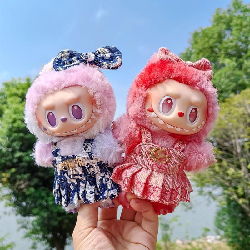 ꧁ベビぬいぐるみポンポンチョーカー10本セット꧂柔らかゴム付き❤︎トリミング仕上げ Labubu 1-3世代対応 おしゃれ プリントワンピース+リボンヘア