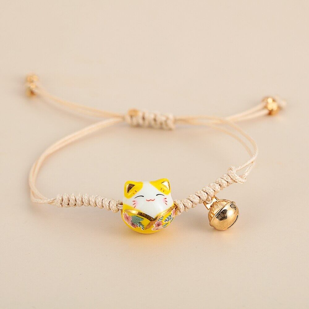 セラミック製猫と鈴、手織ブレスレット