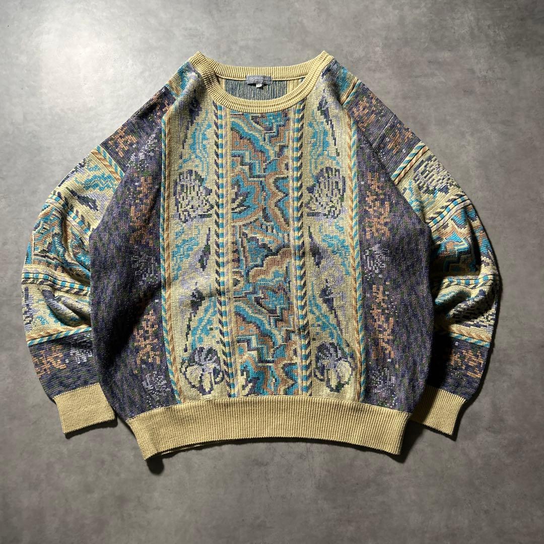 ヴィンテージ 総柄 幾何学 模様 レトロ ニット 切り替え アートパターンニッ