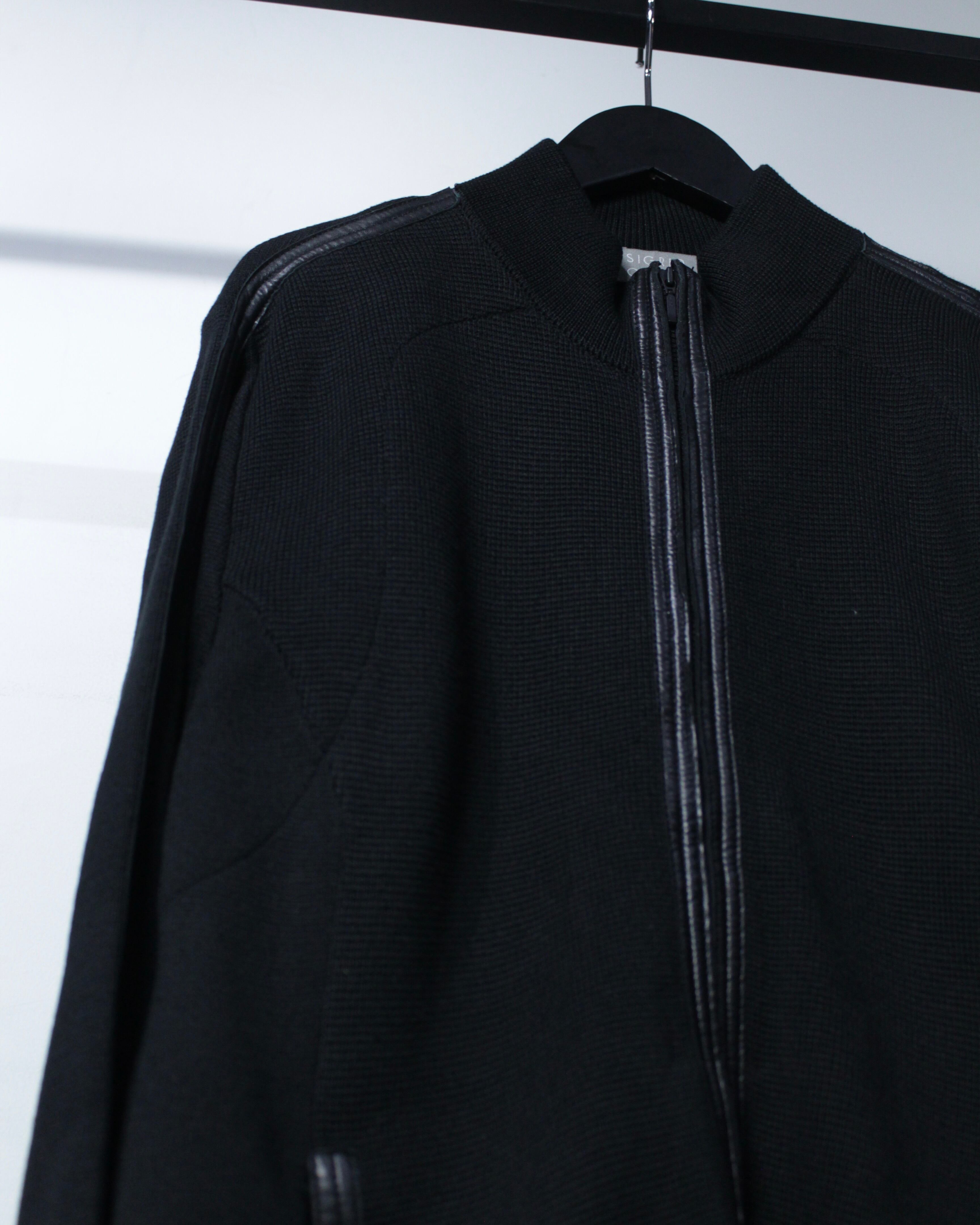 Caka BLACK】Leather Switching Vintage Zip Up Knit Jacket | Caka
