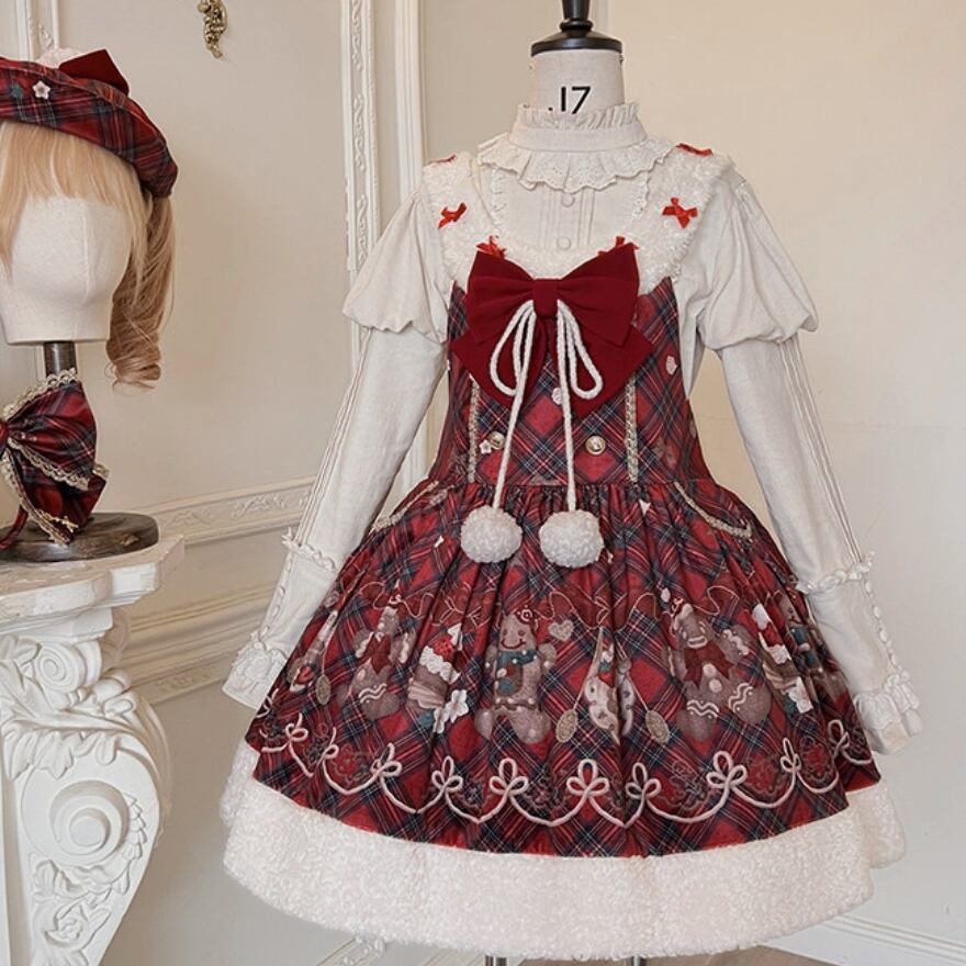 赤チェックが映える くまモチーフ付きノースリーブJSK