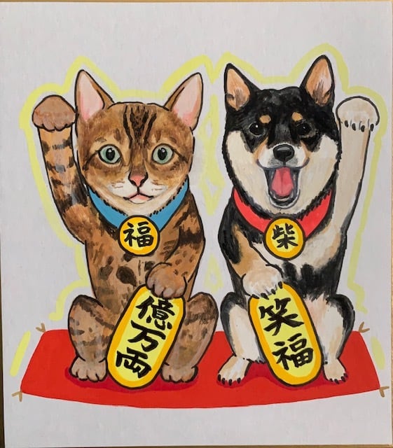 デザイン限定【招き猫と招き犬・小】ミニ色紙ワンコ似顔絵 | shiicoro
