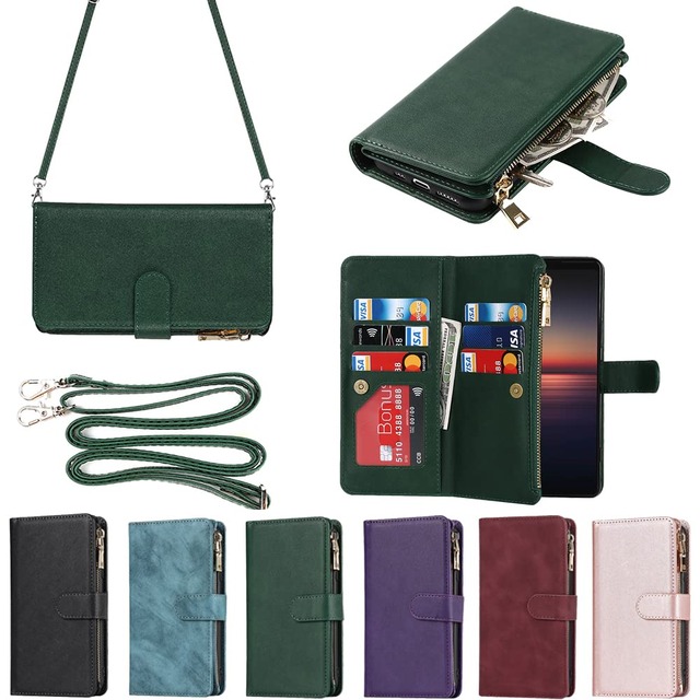 Eastwave for Xperia 1 II ケース for Sony Xperia 1ii SO-51A / SOG01 縄掛けケース 手帳型 財布型 ICカード コインポケット ストラップ付き カード 収納 小銭入れ ファスナーポケット付き PUレザー 6色 グリーン