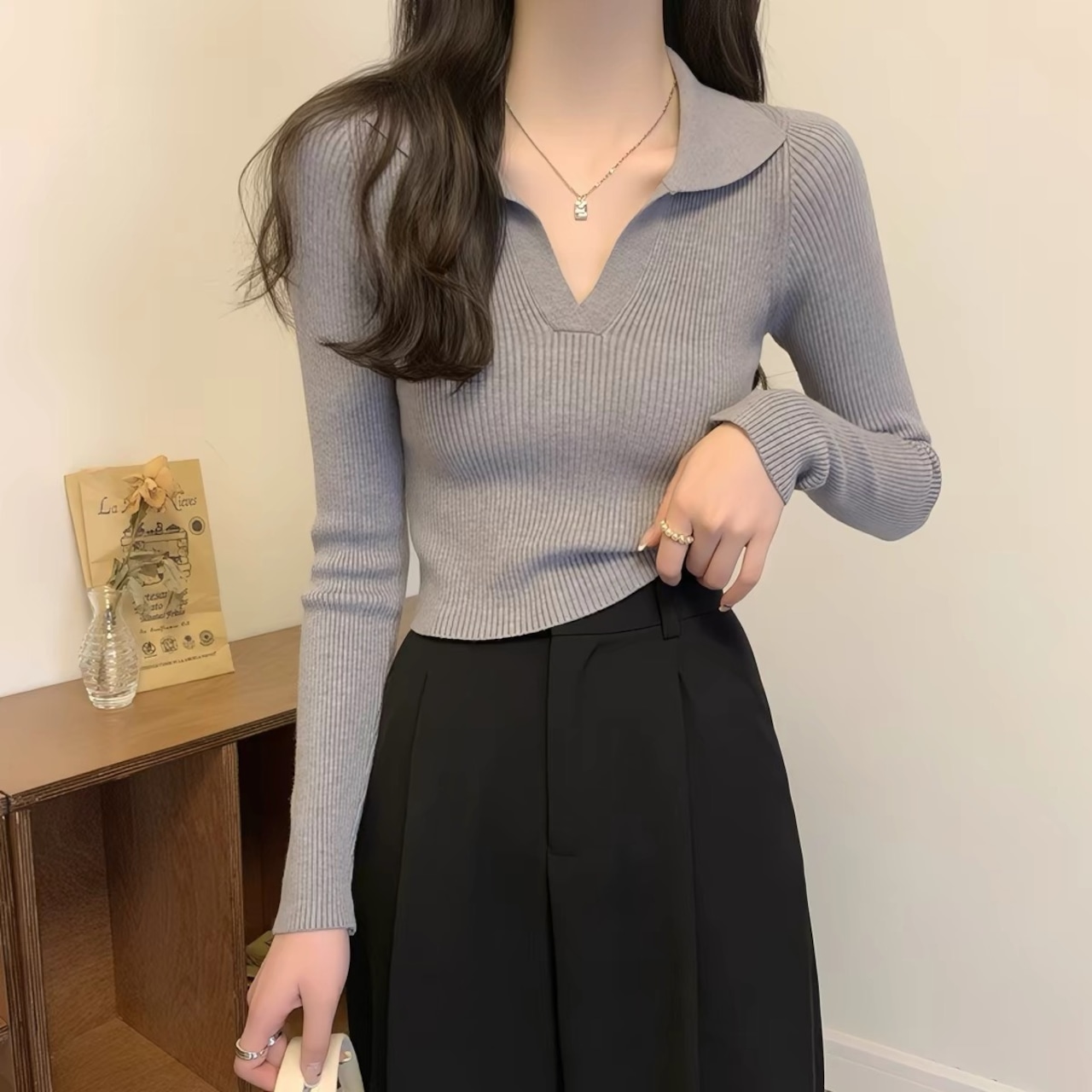 Korean-Style Polo Neck Cropped Knit Top