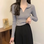 Korean-Style Polo Neck Cropped Knit Top