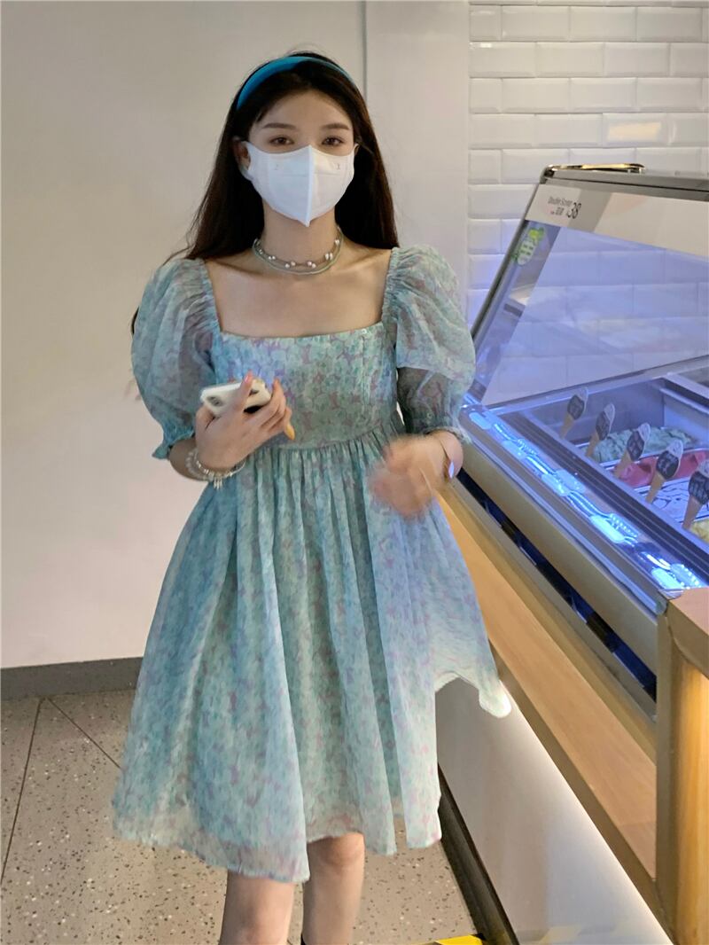 フローラルドレス サマースタイルウェスト薄手Aラインスカート 大人ガーリー スウィート キュート カジュアル 夏物 花柄 スクウェア モンロー19048879965