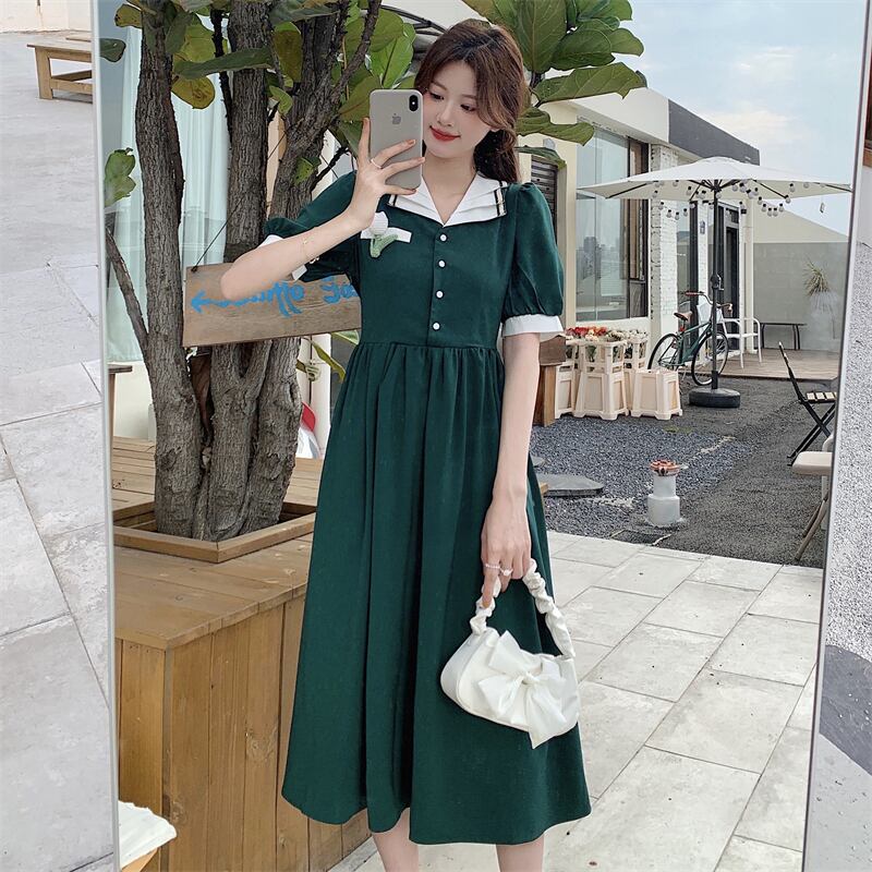 董小姐シリーズ ワンピース 大きいサイズ グリーン 緑 デート 通学 通勤 着痩せ 夏 半袖 ファッション Elegant
