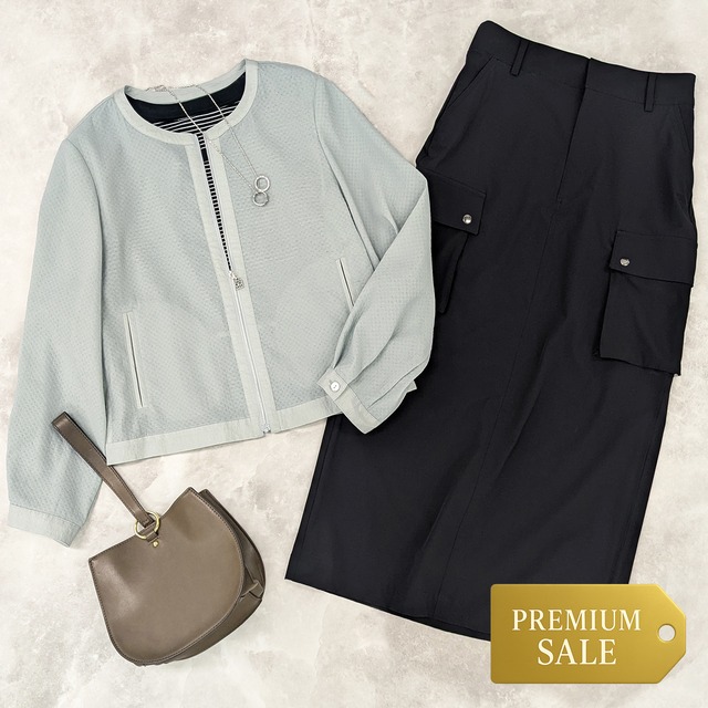 【セット販売】:ノーカラーブルゾン&フラップポケット付きナイロンスカート 【セット販売】:ノーカラーブルゾン&フラップポケット付きナイロンスカート}