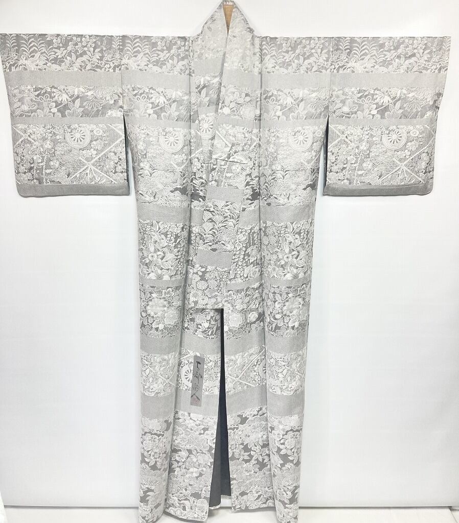 単衣】山岡古都 訪問着 染織美術品 御召し 天目織 花柄 正絹 白 黒