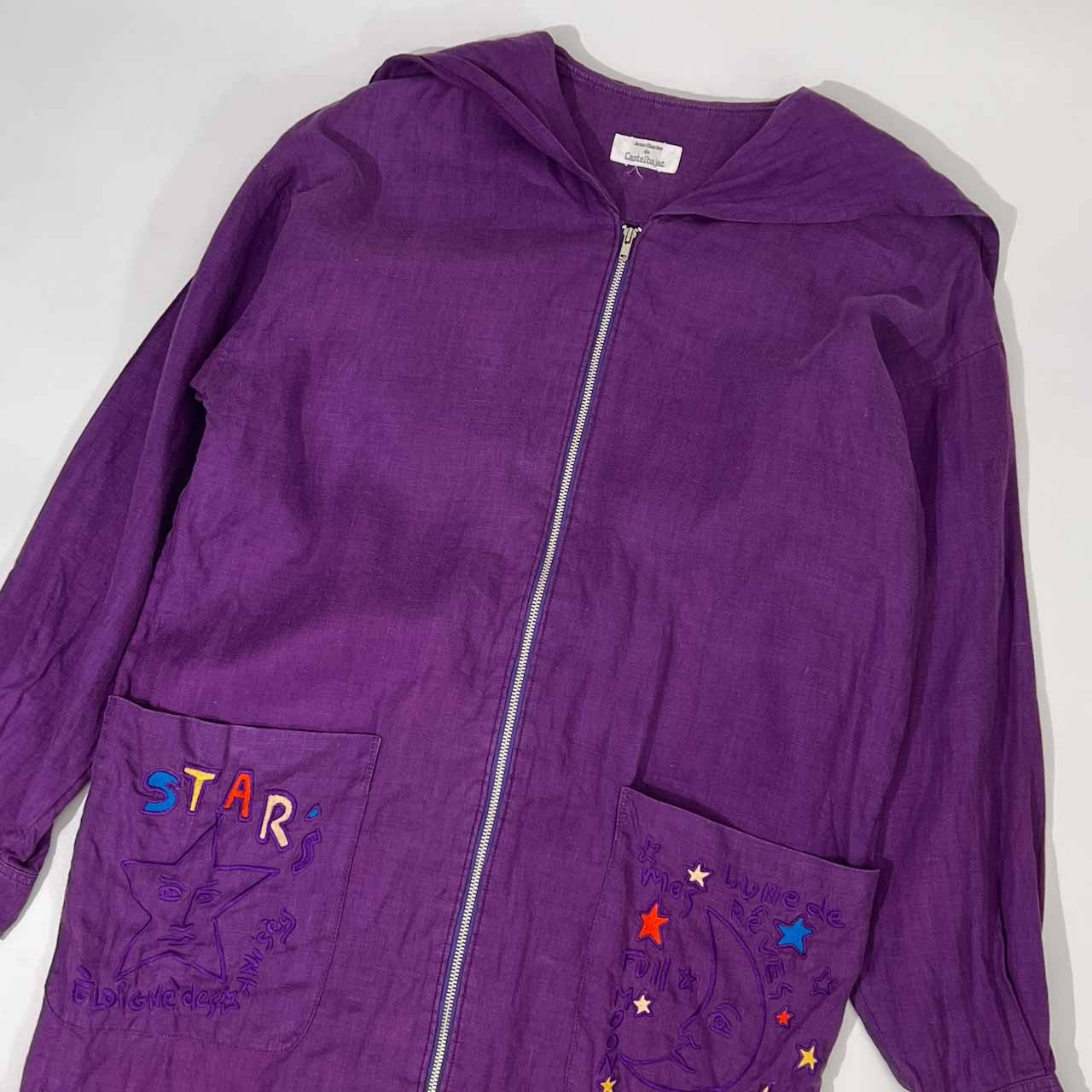 Castelbajac カステルバジャック 刺繍入り セーラーカラー ジップ リネン ロングジャケット コート 羽織り /パープル