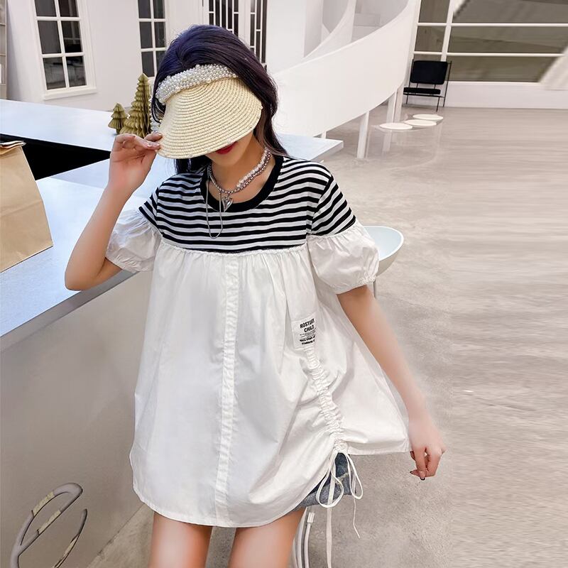 スリムショートルーズストライプブラウス Tシャツ 大きめサイズ ミックスインファッション85763771224