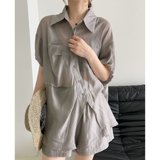 【set up】drawstring sleeve sheer curved button shirt & short pants L0574