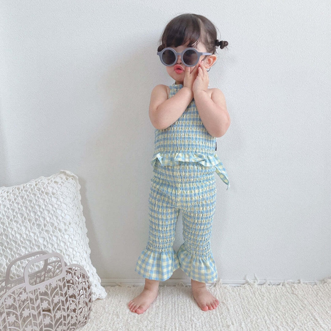 チェック柄バックリボン水着