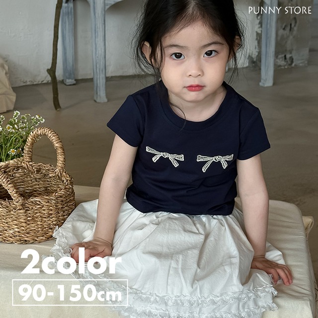 《取寄》 リボン刺繍Tシャツ （全２色） Bobi 2024夏 韓国子供服 トップス 刺繍 カットソー 半袖 女の子