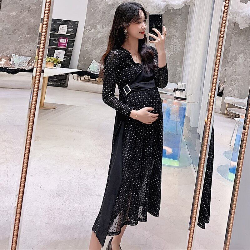 【新作】【送料無料】 マタニティ服春秋Vネック水玉妊娠中のドレス服妊娠中の女性スリムミッドロングママドレス スプリング 春物 オータム 秋物 AL expec394565754521