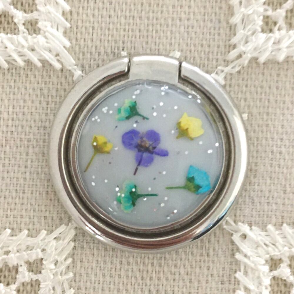 押し花スマホリング ハンドメイド シルバー ホワイト バンカーリング レジン はなはなぐりゅっけ