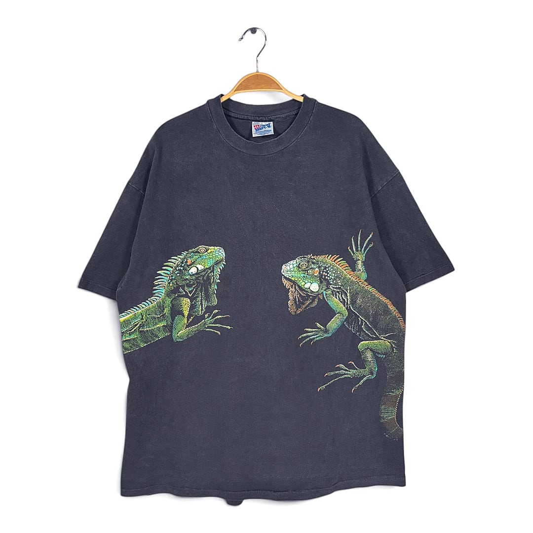 90s イグアナ 爬虫類 USA製 ヴィンテージ Tシャツ フェードブラック アニマル ボックスシルエット シングルステッチ HANES ヘインズ サイズXL 古着 BZ0565
