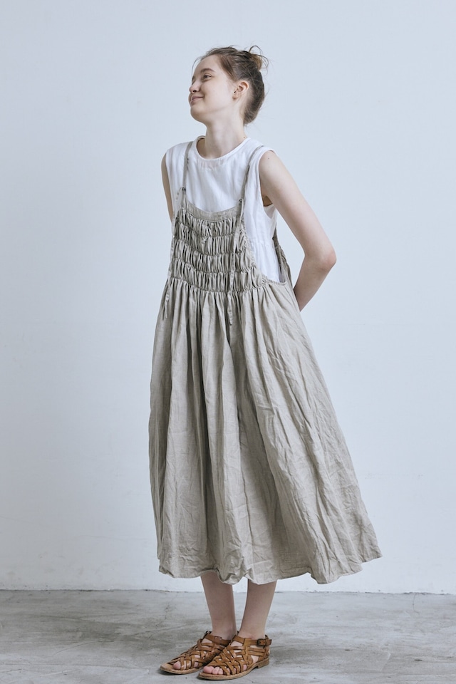 g_704 LINEN RUBBER SHIRRING CAMI ONE PIECE