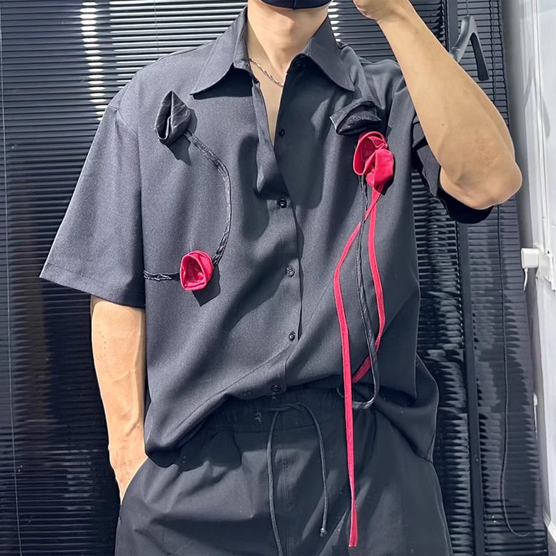 ローズモチーフ装飾 レギュラーカラーシャツ 半袖シャツ 1color MTO0319