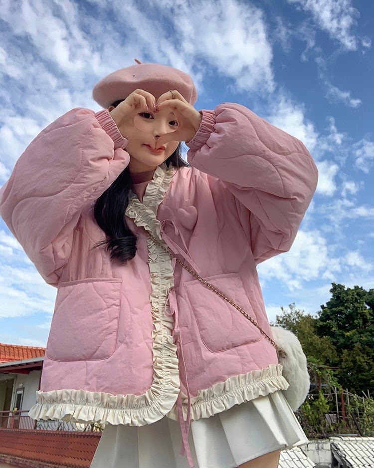 ピンク アウター ダウン ジャケット リボン リボン コート ガーリー