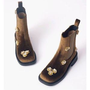 floral embellished round toe chelsea boots(2color)<s3227>