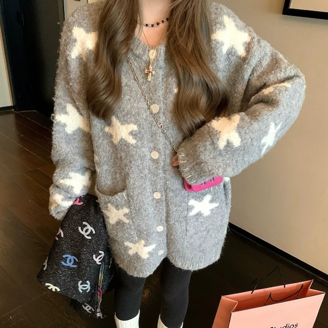 Fluffy star stitch knit cardigan　M1822