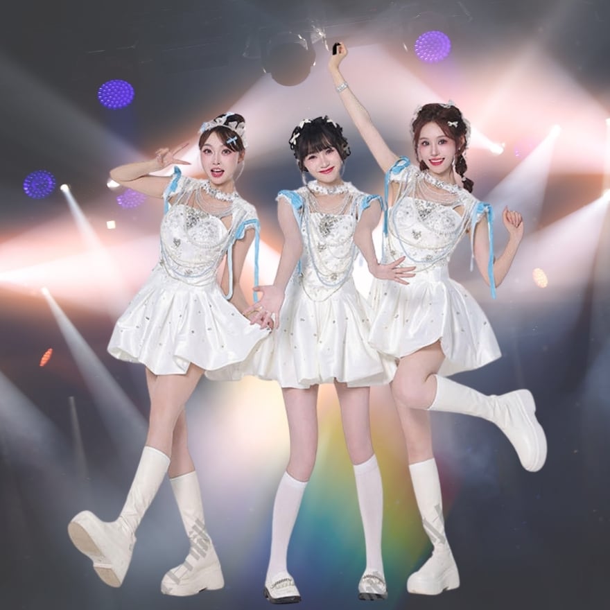 参戦服 ライブ衣装 K-POP オフホワイトミニドレス パールチェーンステージ向け
