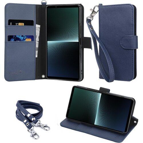 wisers Xperia 1 V SO-51D SOG10 Gaming Edition 対応 手帳型スマホケース ダークブルー 牛革調PUレザー カードホルダー/スタンド機能付き ストラップ 2種付き ハンドストラップ/ネックストラップ 2073