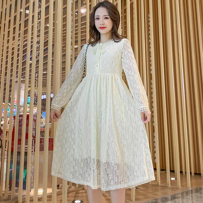 【新作】【送料無料】 マタニティウェア2020秋と冬の新しいファッションレースの蝶ネクタイドレス、年齢を減らすミドル丈のマタニティドレス-アリババ リボン オータム 秋物 ウィンター 冬物 expec286764525703