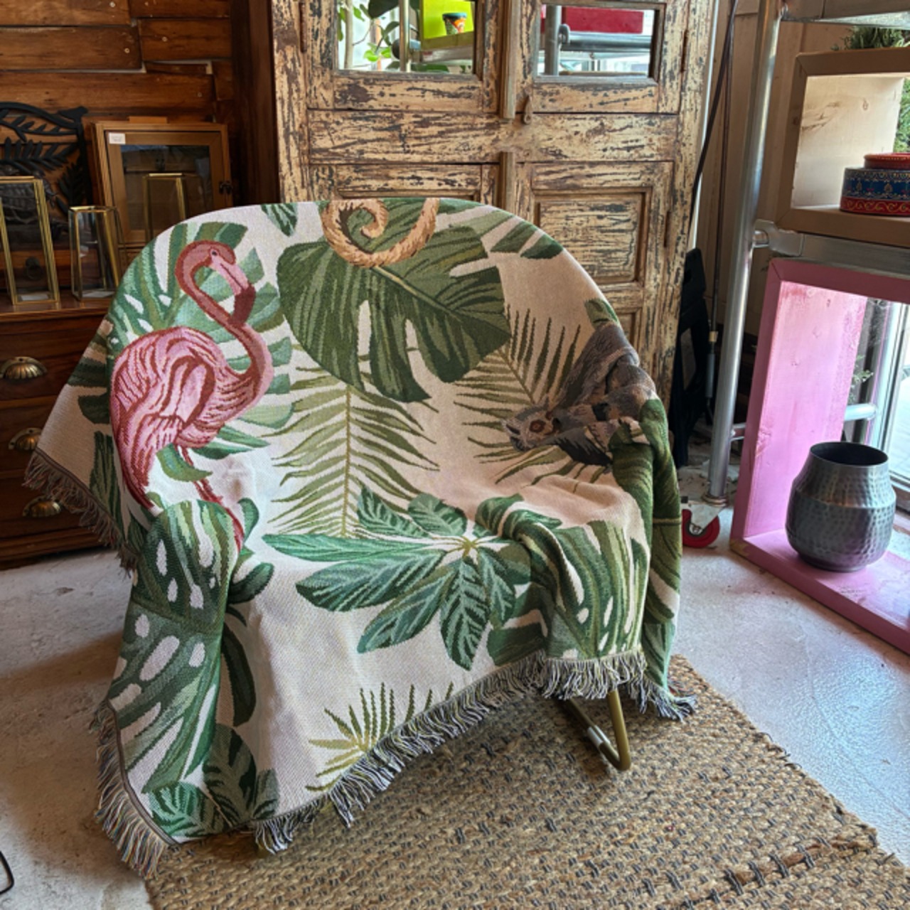 TOPANGA Homefurnishing Botanical Animal Throwket　ボタニカルアニマルスローケット　130×160cm　ベージュ　フラミンゴ　ナマケモノ　ワオキツネザル　　ソファカバー　ベッドカバー　ブランケット　カーテン