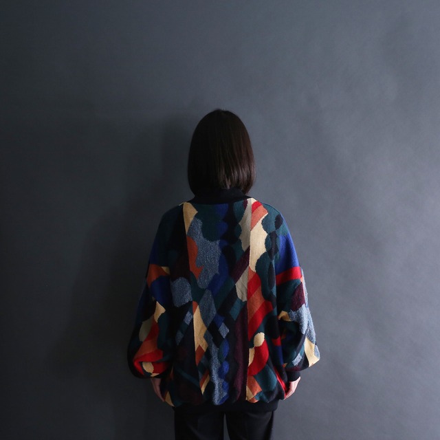 multi fabric colorful pattern loose knit blouson