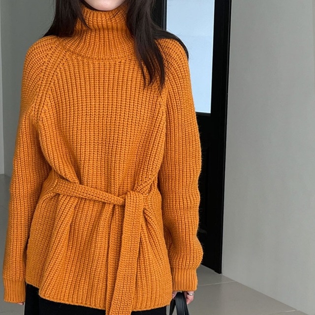 ribbon-belt side-slit knit　J00320