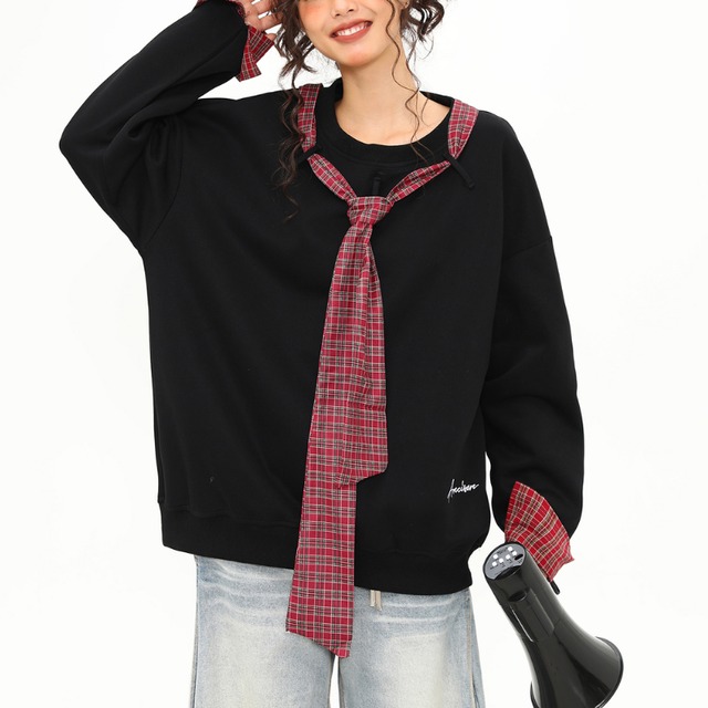checked ribbon design loose sweatshirt　チェック柄リボンデザインルーズスウェットシャツ　J1526