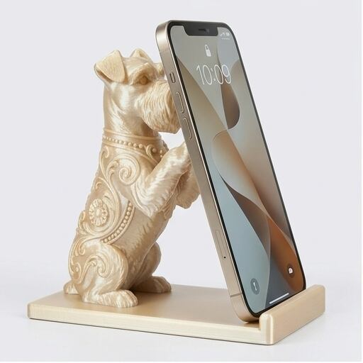犬（ミニチュアシュナウザー）のスマホスタンド 卓上 シルクゴールド