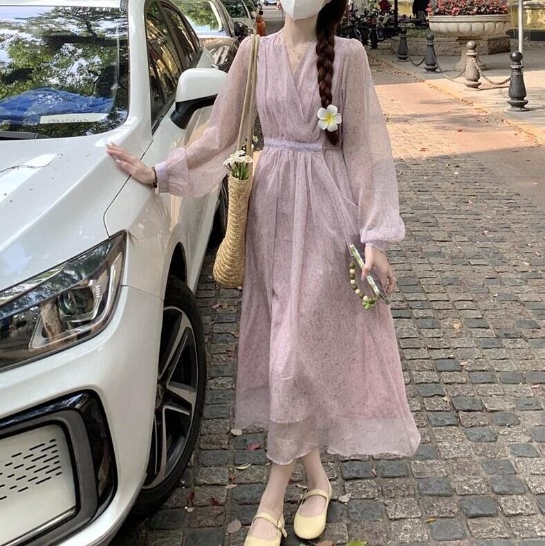 ワンピース レディース ミモレ ミモレ丈 ロング ロング丈 長袖 ランタンスリーブ Vネック カシュクール Aライン スリム 細身 シフォン フリル かわいい 大人可愛い シンプル 大人 上品 おしゃれ お洒落 レトロ エレガント モダン とろみ感 抜け感 ナチュラル ラブリー キュート ガーリー 大人 上品 レトロ 清楚 無地 20代 30代 40代 花柄 フラワー デート お出かけ 女子会 お泊まり パーティー イベント リゾート 旅行 海 韓国 韓国系 送料無料 体型カバー 美脚 脚長 フリーサイズ