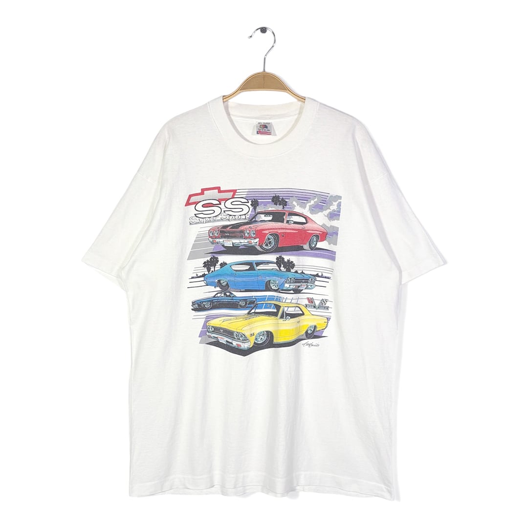 80s シボレー スーパースポーツ USA製 ヴィンテージ Tシャツ クラシックカー アメ車 ホワイト シングルステッチ フルーツオブザルーム サイズXL 古着 BZ0542