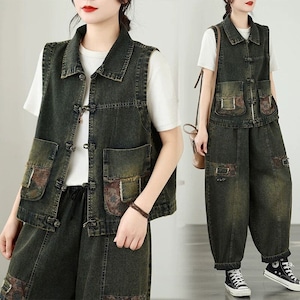 STITCHED DENIM VEST & CROPPED PANTS SET 2pieces 1color M-15970