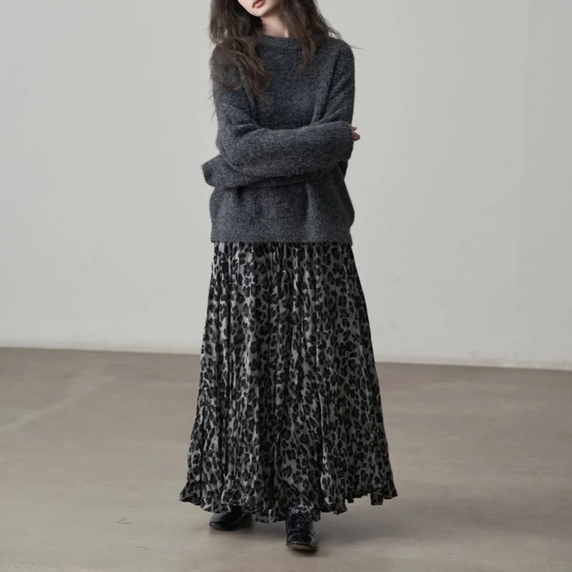 Leopard pleated long skirt C1351