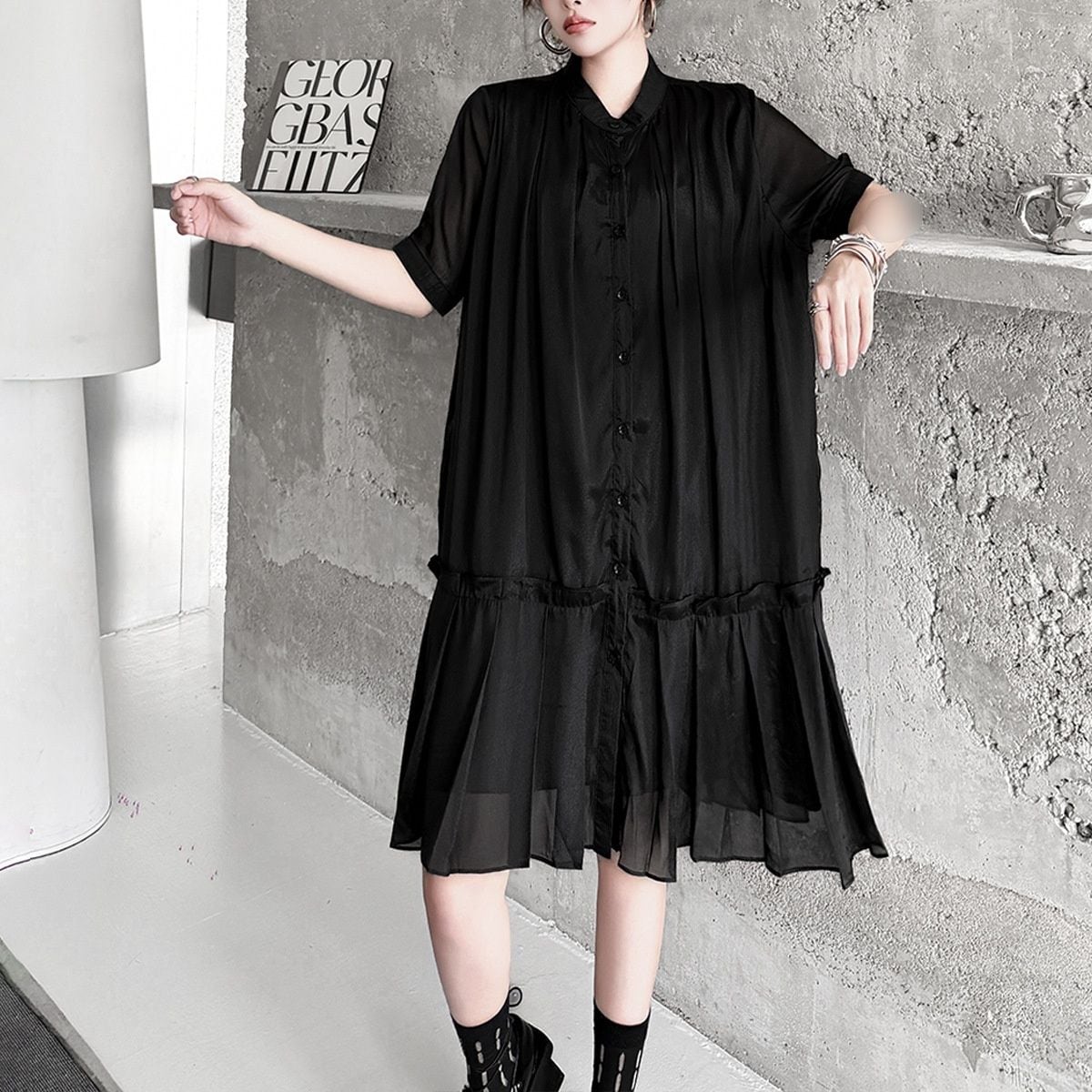 RUFFLED STAND COLLAR PLEATED CHIFFON MIDI DRESS M-17844