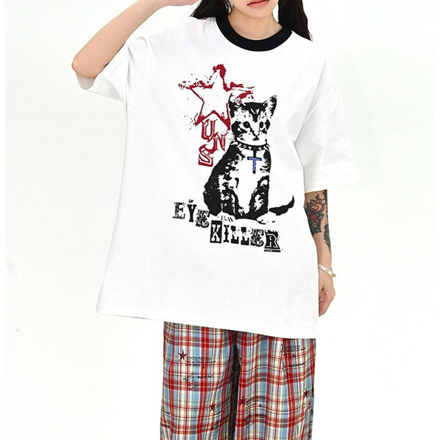 グランジキャットグラフィックレタリングTシャツ 2col   R02393
