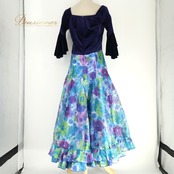 フラダンス 衣装 ALOHA STANDARDS アロハスタンダード ワンピース ドレス ネイビー系 ベロア生地 花柄 植物柄 オーガンジー生地 フリル ハワイアン アロハ フラ ダンス レッスン 練習 透け感 シースルー ボリューミー 光沢感 高級感 紺 青 水色 紫 黄緑 ブルー系 パープル系 グリーン系 華やか かわいい おしゃれ 上品 大人っぽい